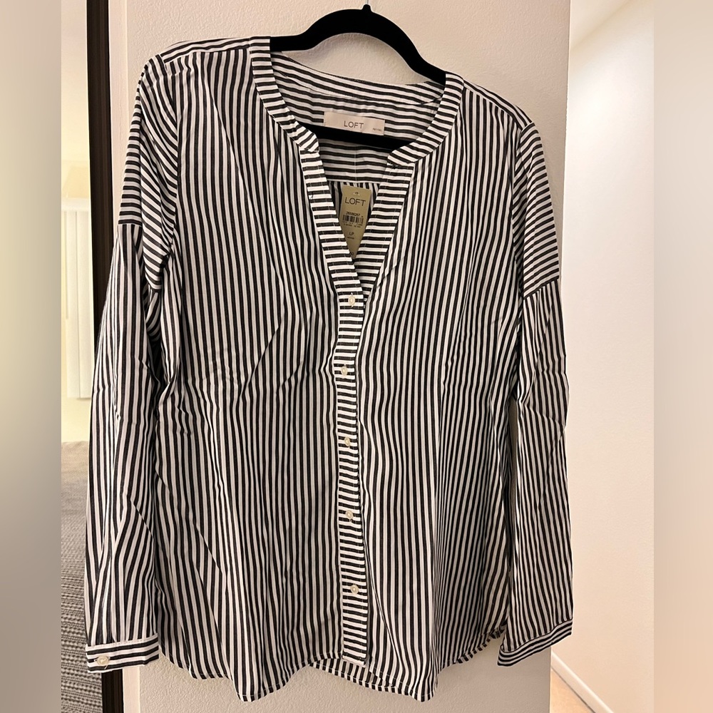 Long-sleeved cotton dress shirt. Gray and white stripe. Button down.